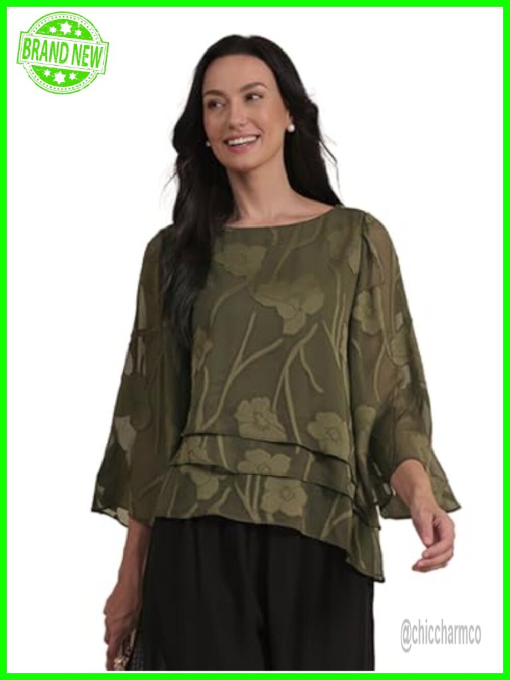 Womens Chiffon Blouse 34 Sleeve Floral Lace Top Business Casual